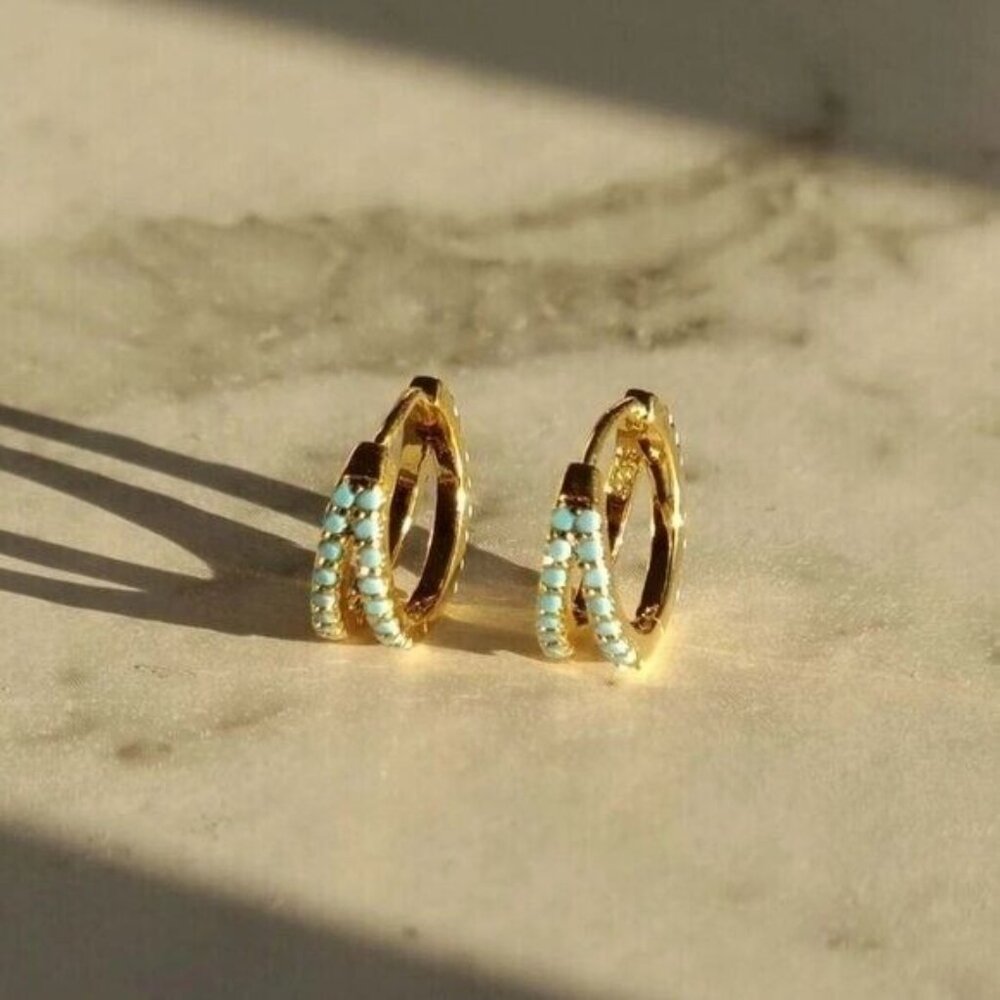 Dainty Double Huggies 18K Gold 925 Sterling Silver Double Turquoise Huggies CUTE - Picture 6 of 10